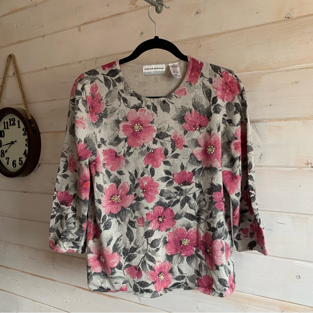 Alfred Dunner | Pink Floral Beaded Sweater w Metallic Detail